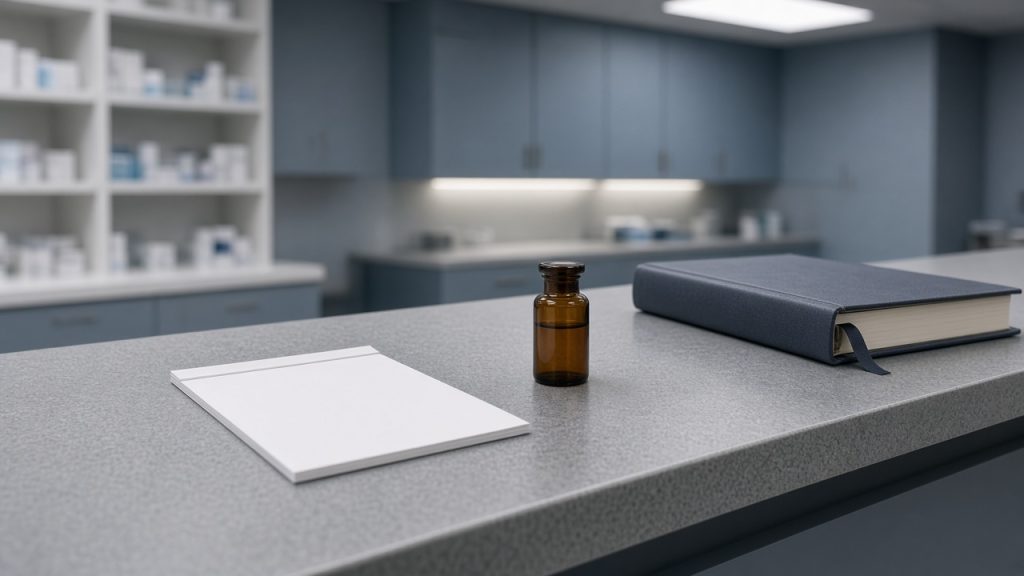 Editorial photo of an empty pharmacy counter with a blank prescription pad, a sealed amber vial without a label, and a ledger binder on cool gray laminate under soft overhead light. No logos, brands, or real people.