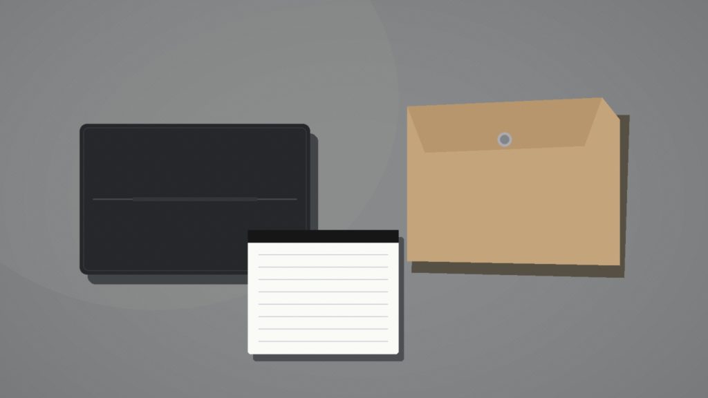 Editorial still life of a closed laptop beside a blank legal notepad and a sealed manila folder on a cool gray desk under soft overhead light. No logos, brands, faces, or real people.