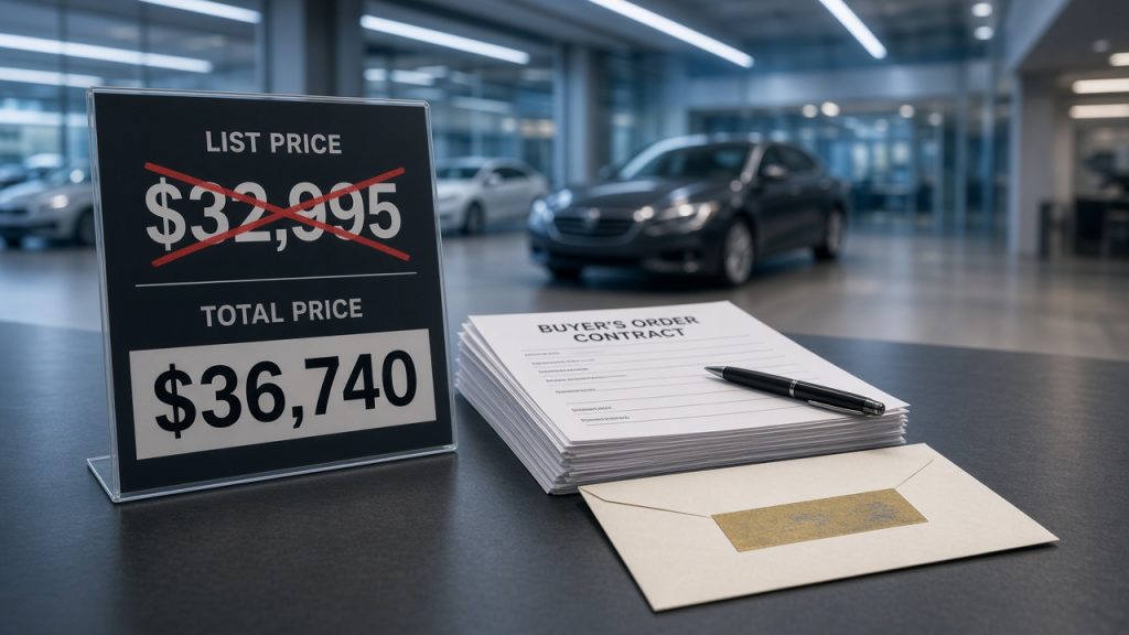 Editorial photo of a dealership desk with a price board showing a crossed-out list price above a higher Total Price, a blank buyer’s order stack with a pen, and a plain prize mailer envelope, showroom cars blurred behind. No logos or real people.