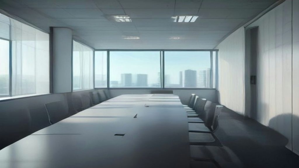 Editorial photo of an empty modern boardroom with a long dark conference table and empty chairs facing floor-to-ceiling windows, soft daylight, no people, logos, or readable brand names.